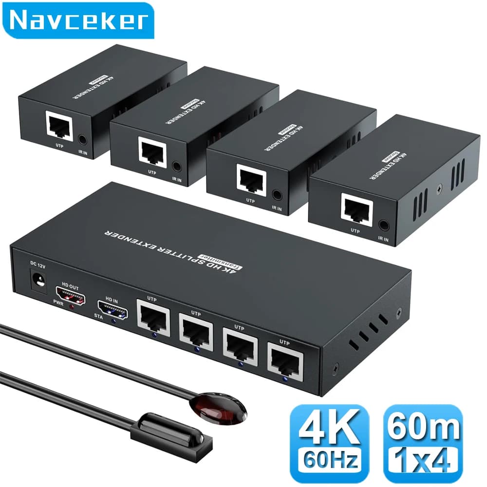 Navceker 4K 60Hz HDMI Extender Splitter 1x4 3D HDMI RJ45 Extender 60m Trasmissione Ethernet su CAT5e/6/7 4 canali 1 Loop Out