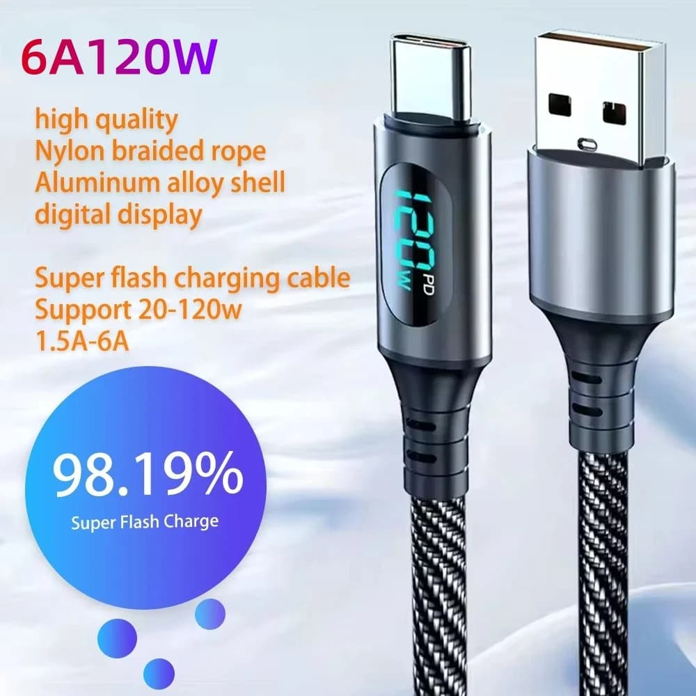 PD 120W Quick Charging Cables from USB A to Type C with digital display for Xiaomi, Huawei, Samsung, iPhone