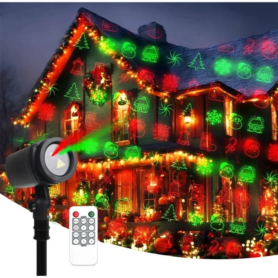 Nuovo Proiettore Laser Natalizio con 12 Motivi, Luci da Esterno Impermeabili, Laser Rosso e Verde, Illuminazione per Palcoscenico e Paesaggio con Telecomando