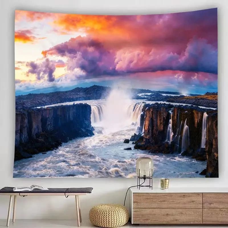 VIKAMA Twilight Cliff Waterfall Tapestry, Colorful Sunset Cloud Black Basalt Rapids Bedroom Wall Decor