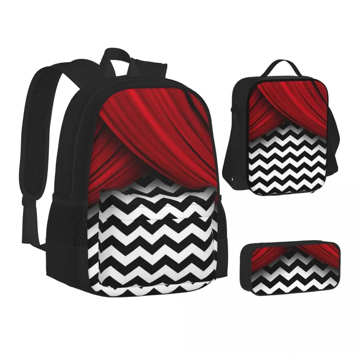 Twin Peaks Red Curtains Zaini Chevron in bianco e nero Borsa per libri Borse da scuola Zaino Borsa per il pranzo Borsa per penne Set da tre pezzi