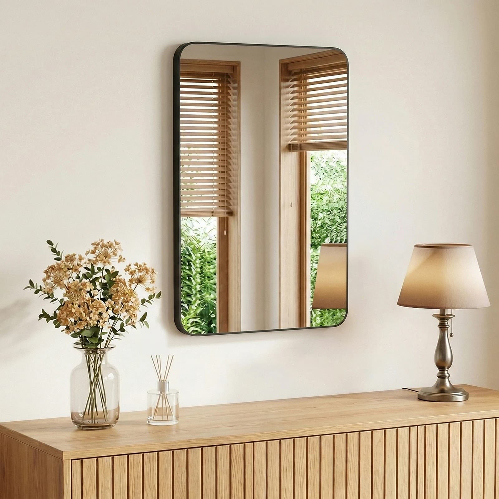JHK Rounded Rectangle Wall Mirror with Metal Frame for Wall Bathroom Mirror for Over Sink Modern Dressing Mirror Tempered Glass Bedroom Living Room Horizontal or Vertical