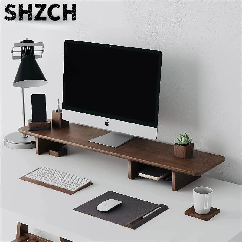 Black Walnut Monitor Stand Riser, Ergonomic Desk Storage Organizer for Laptop PC