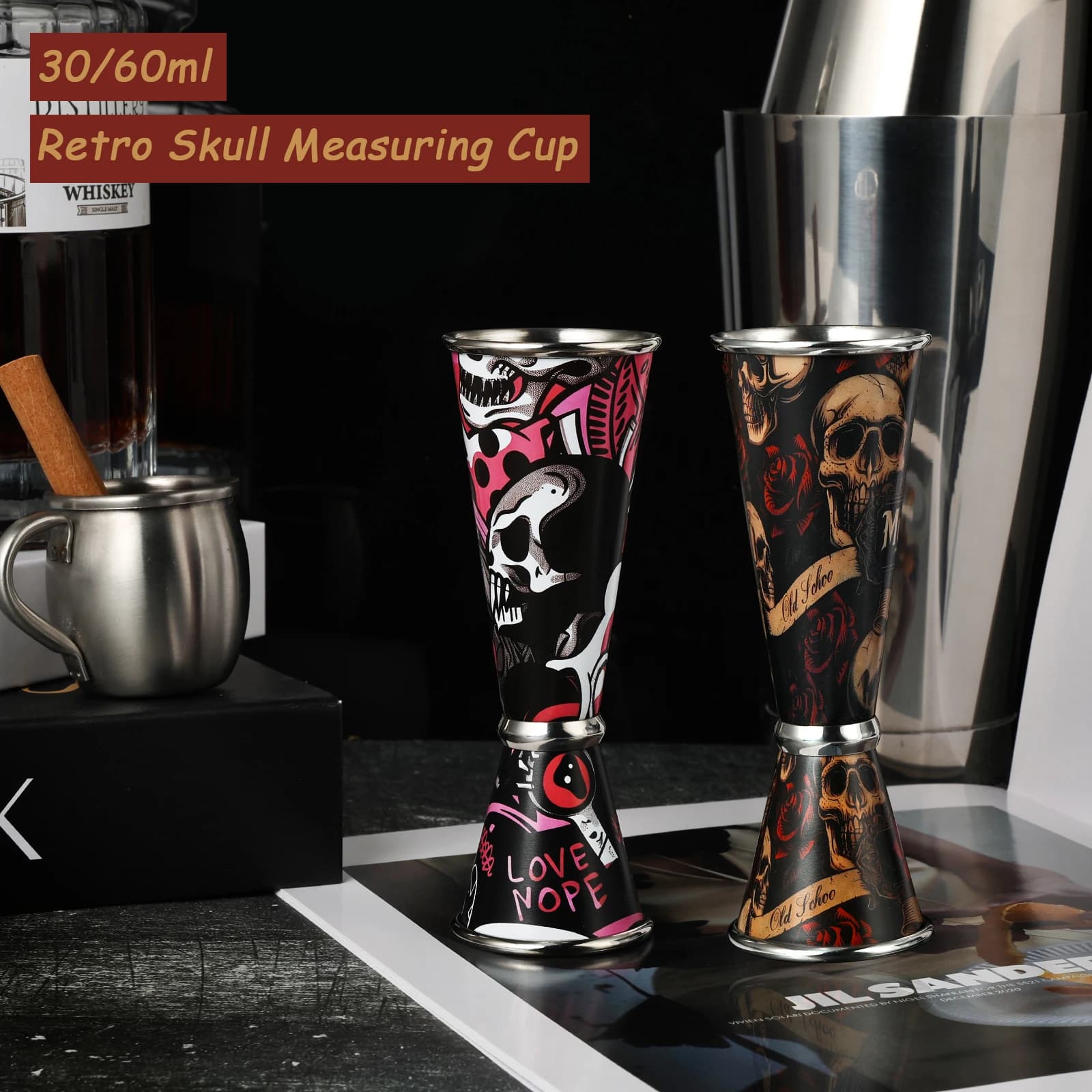 30/60ml Retro Skull Cocktail Wine Measure Cup Stainless Steel Double Shot Drink Spirit Measure Jigger Kitchen Supplies Tools Bar