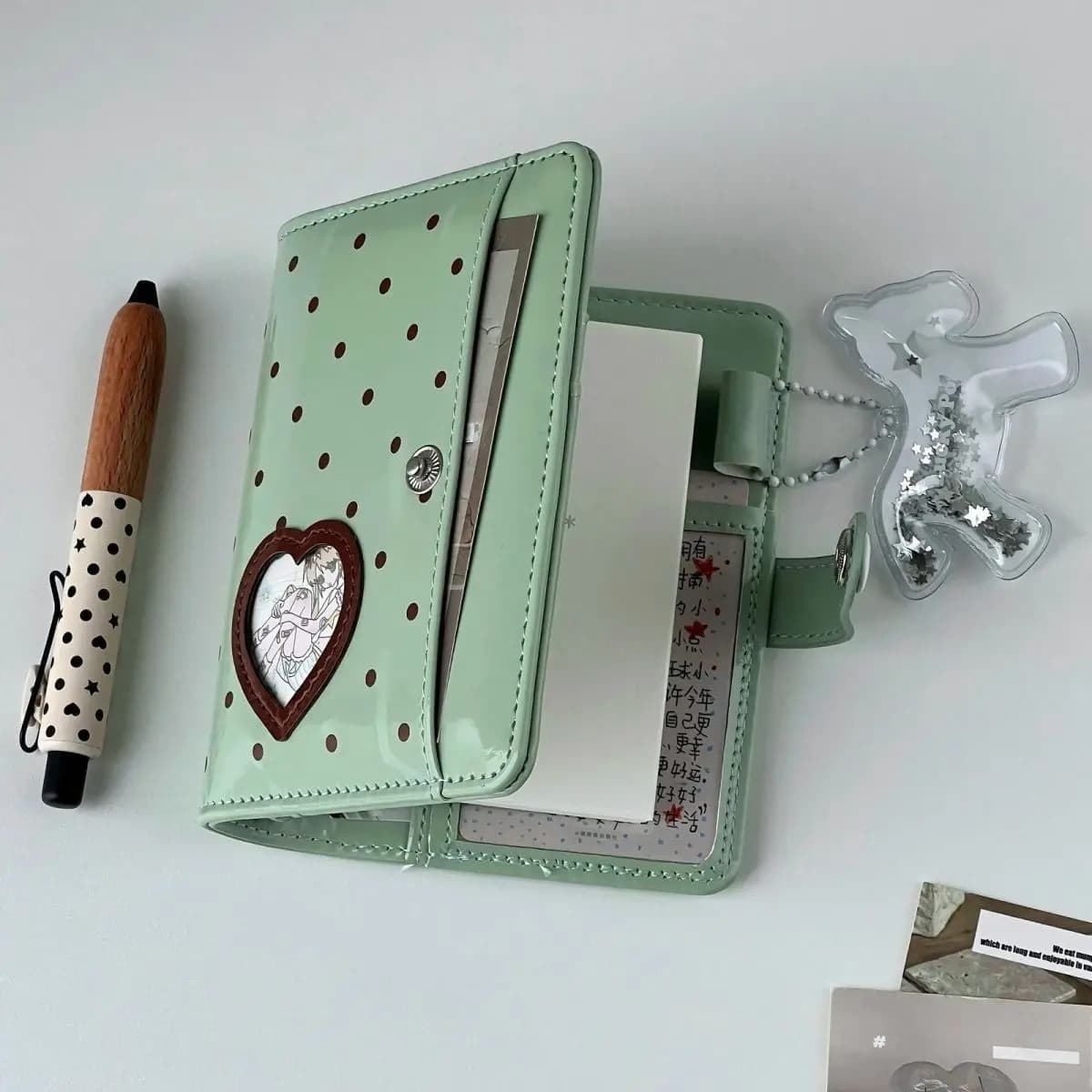 Korean Style Mint Green Heart Polka Dot PU Leather M5 Loose Leaf Binder Notebook Portable Journal Planner for Students