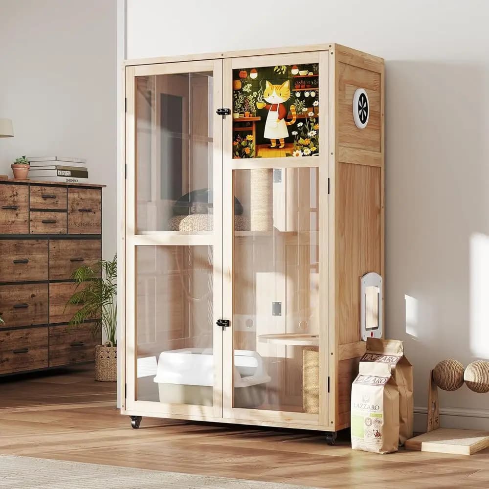 Wheeled Wooden Cat Villa with Condo, Platforms, Scratchers, Ventilation, and Litter Area for Kittens & Adults