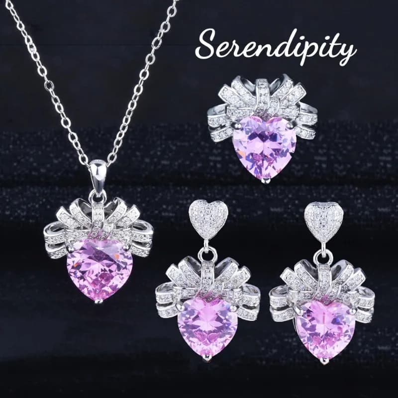 Collana di diamanti rosa amore di lusso leggero Ciondolo a forma di cuore con fiocco Orecchini in zirconio rosa Anello a cuore aperto con cuore di pesca Set di cuori rosa W