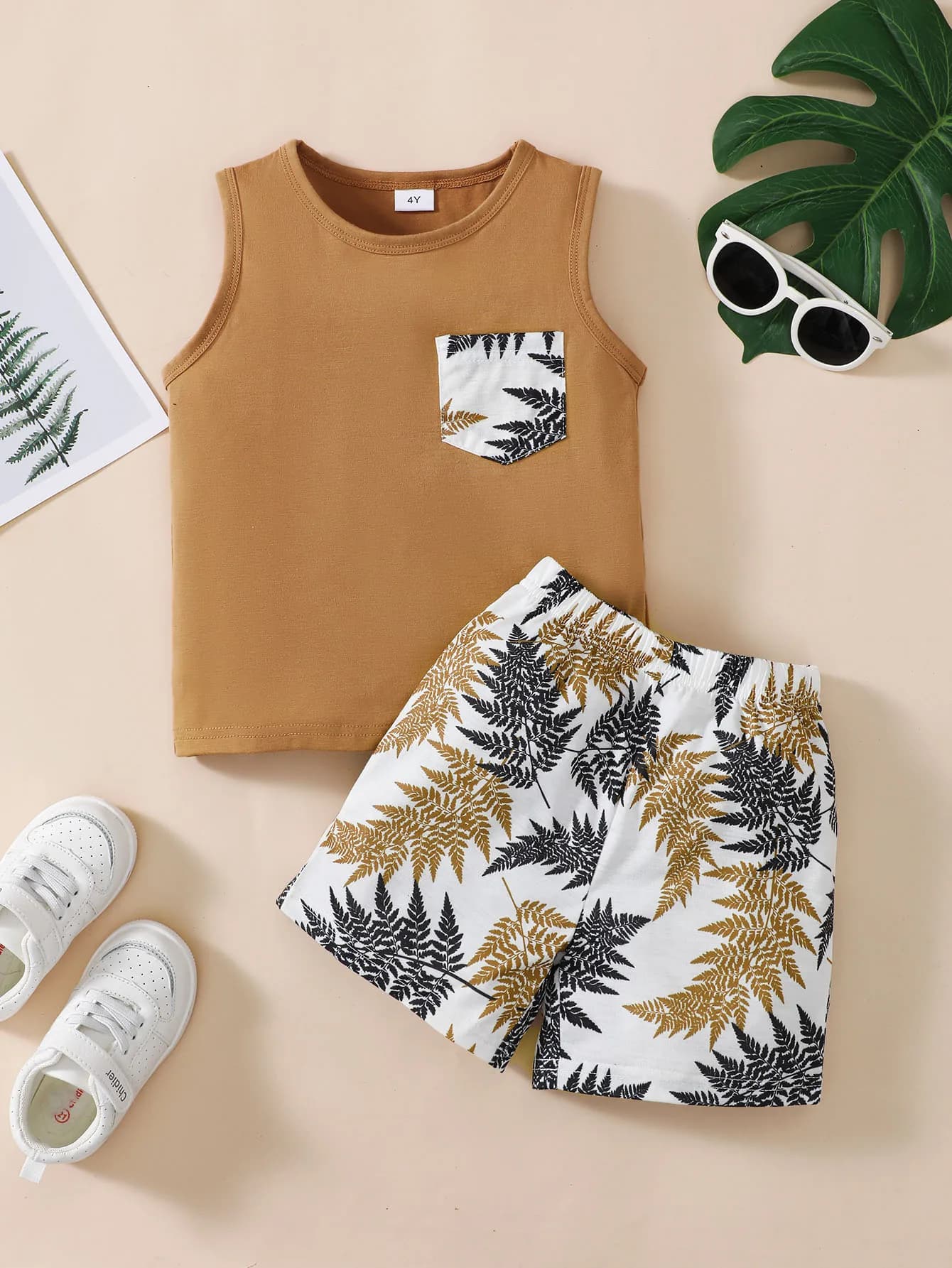 Summer 4-7 Years Old Cool Boys Tank Top Hawaiian Style Printing Shorts 2-Piece Set