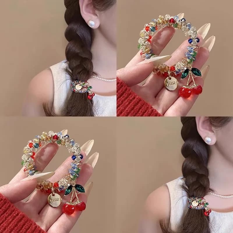 Women's Dual-use Hair Tie with Colorful Crystal Cherry Pendant, Can Be Used as Bracelet, Friendship Hair Rope Elastic Band for Ponytail, Hair Accessory