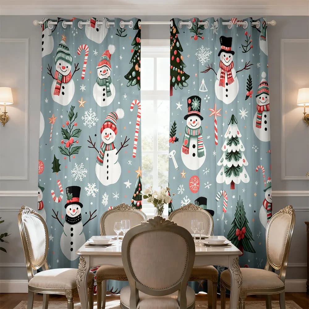 90-gram, two-piece printed curtains with Christmas snowman and snowflake patterns for decoration. Machine-washable