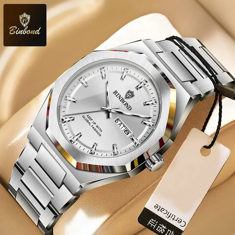 BINBOND Orologi al quarzo da uomo alla moda Doppio calendario Luce notturna Orologio da polso maschile sportivo da uomo casual in acciaio inossidabile impermeabile