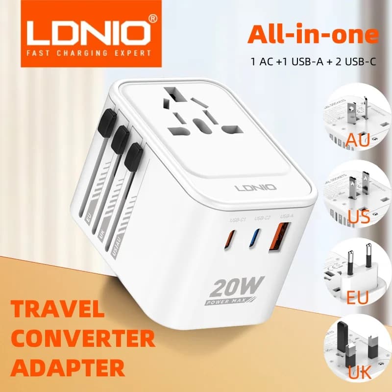LDNIO International Travel Adapter GaN Ricarica Veloce con USB 2 Tipo C All-in-one Caricatore Universale Convertitore Presa, EU/UK/USA/AUS per Viaggi