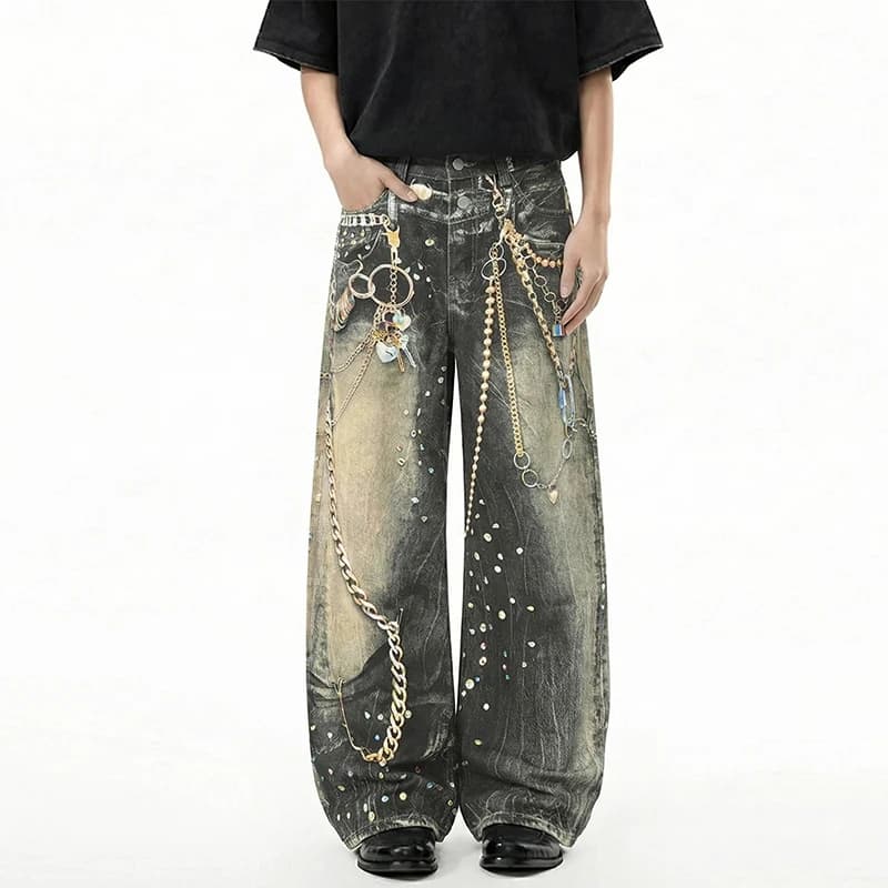 Jeans da Uomo Avant-Garde con Catena Metallica e Stampa di Strass, Pantaloni Streetwear Neri Lavati a Gamba Larga