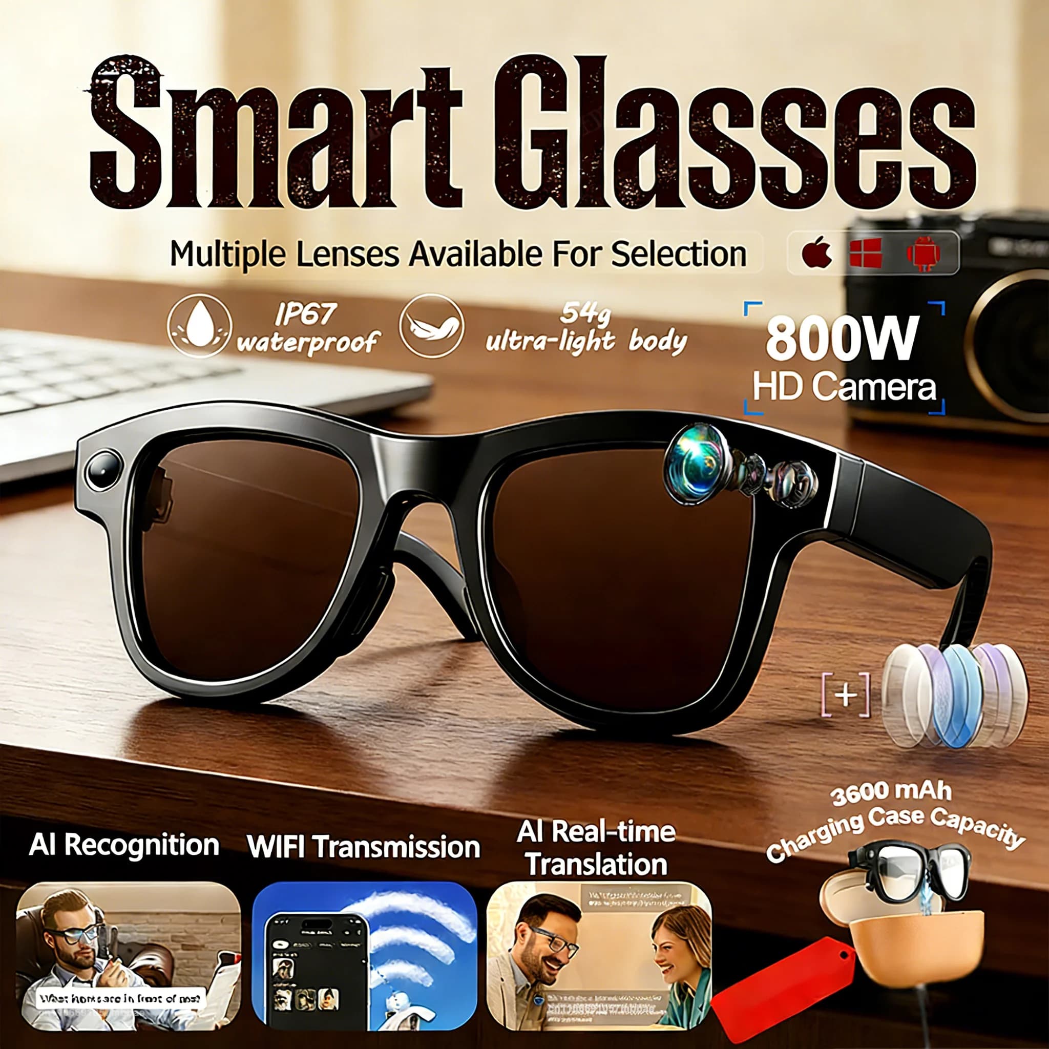Smart 4K HD Glasses with Camera, Video Recording, AI Photo Recognition, Bluetooth Calls, Vocal Translation, Men's Sunglasses