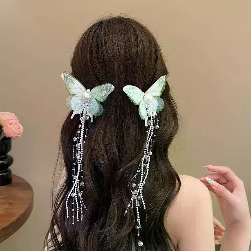 Fermaglio per capelli spirituale a farfalla con nappa, fermaglio per capelli femminile con nappa lunga, accessori per capelli, copricapo super fatato di nicchia per foto