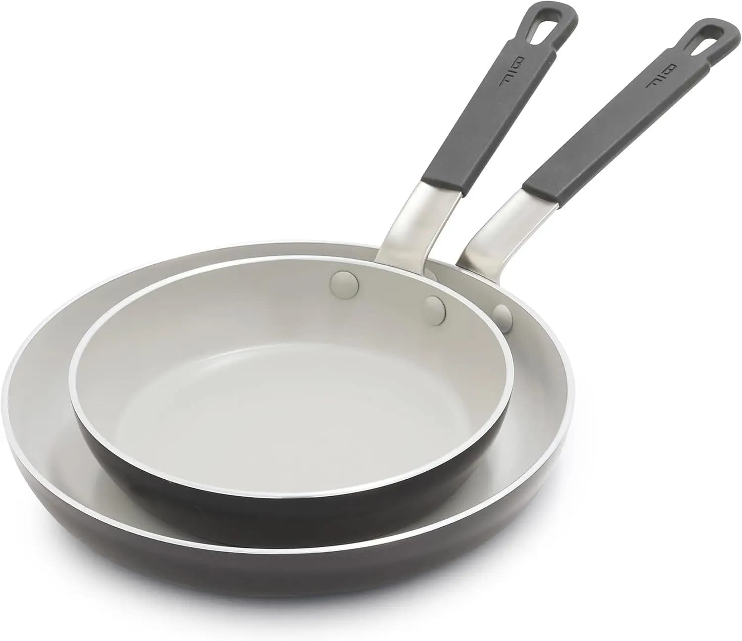 Set di padelle antiaderenti 8'' e 10'', in ceramica diamantata senza PFAS, adatte per induzione, con manico termoisolante, lavabili in lavastoviglie e utilizzabili in forno.