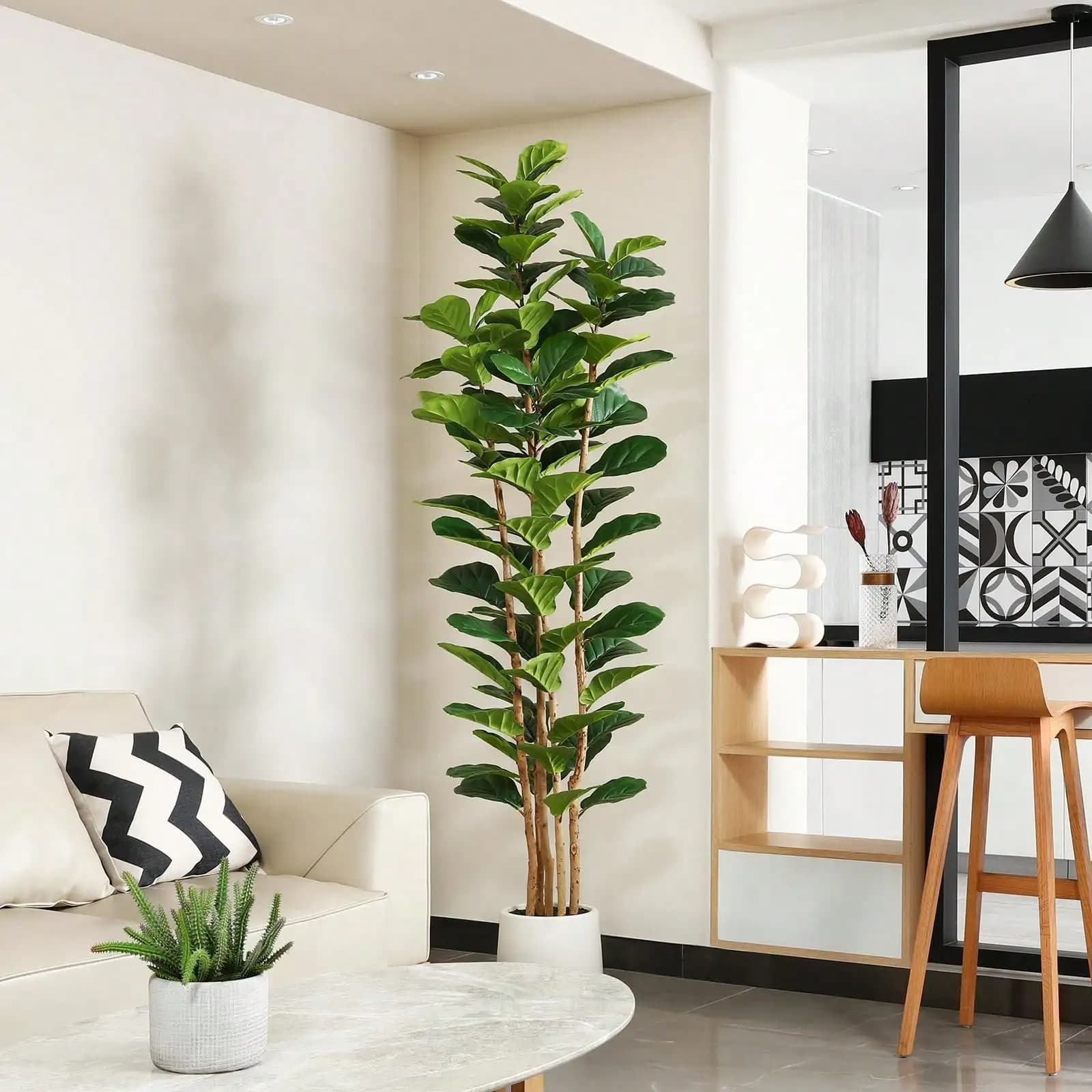 Albero di Ficus Lyrata Artificiale da 1,8 m con Vaso Bianco, Piante Finte con Foglie Verdi Realistiche - Albero Finto per Arredamento Casa, Ufficio, Negozio, Interni ed Esterni