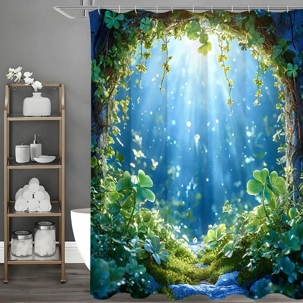 Tenda da doccia Forest Cave Clover Sunshine, tenda da doccia decorativa per bagno, tenda da doccia impermeabile con ganci