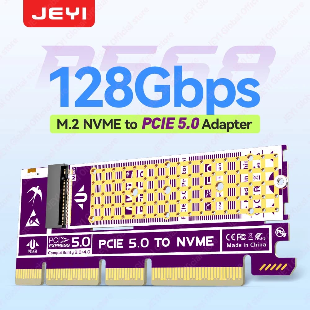 JEYI PCIe 5.0 Adapter NVMe M.2 SSD Expander Card 128Gbps Support 2230/42/60/80 SSD Support PCIE X4/X8/X16 Compatible PCIe 4.0