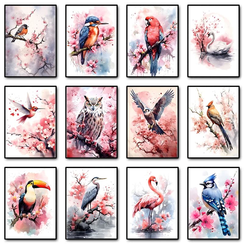 (No frame)1pcsBird Watercolor Poster Blue Jay in Cherry Blossom Toucan Owl Peacock Canvas Painting Wall Art Picture Living Ro