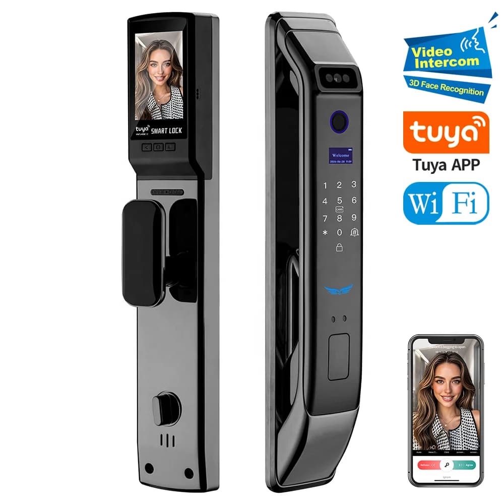 Sicurezza 3D Riconoscimento facciale APP TUYA WIFI Impronta digitale elettronica in legno Serratura digitale senza chiave Serratura per porta Smart Home con fotocamera