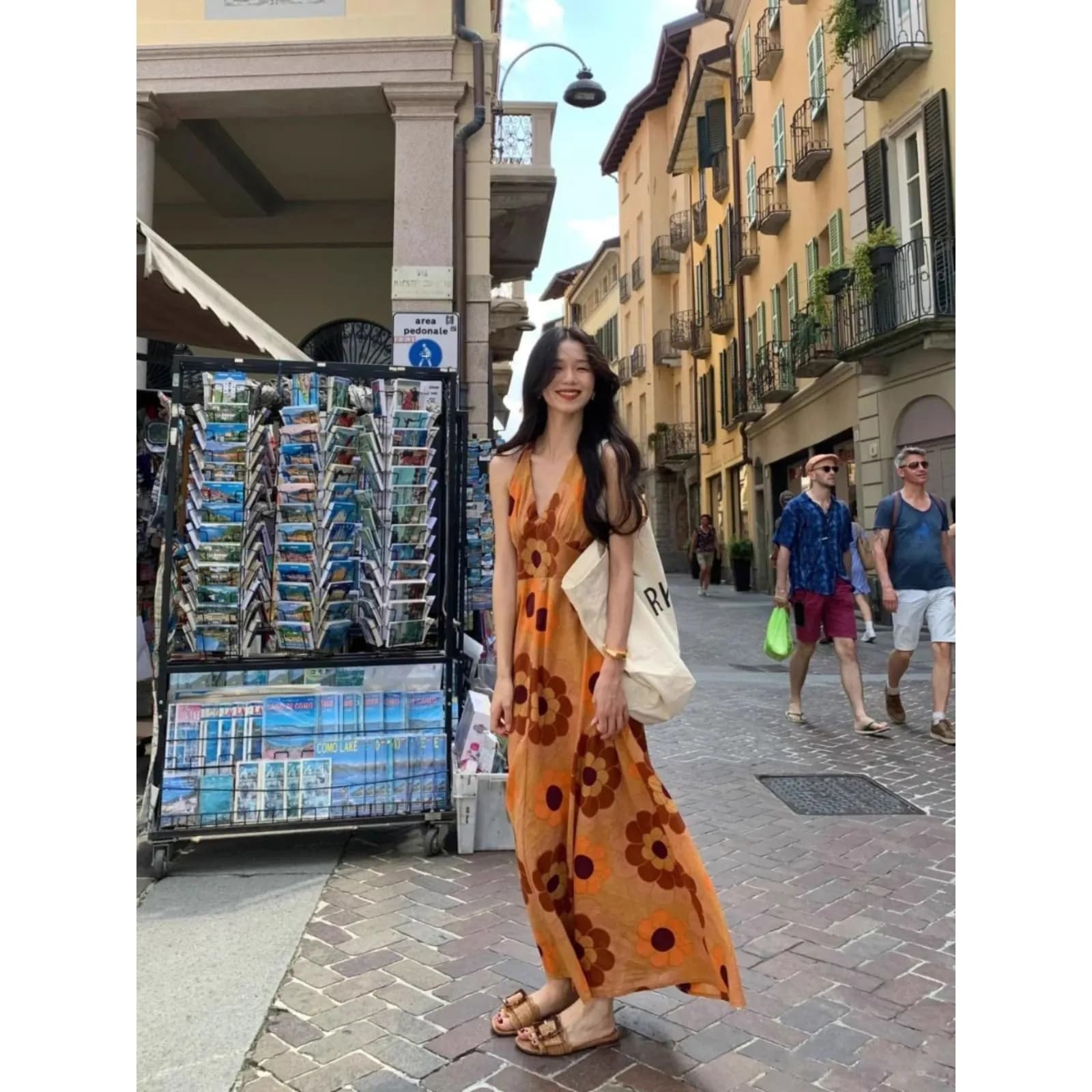 Retro Orange V-Neck Print Strapless Dress Women's Summer New Style Beach Vacation Long Dress Elegant City Walk Other Material...