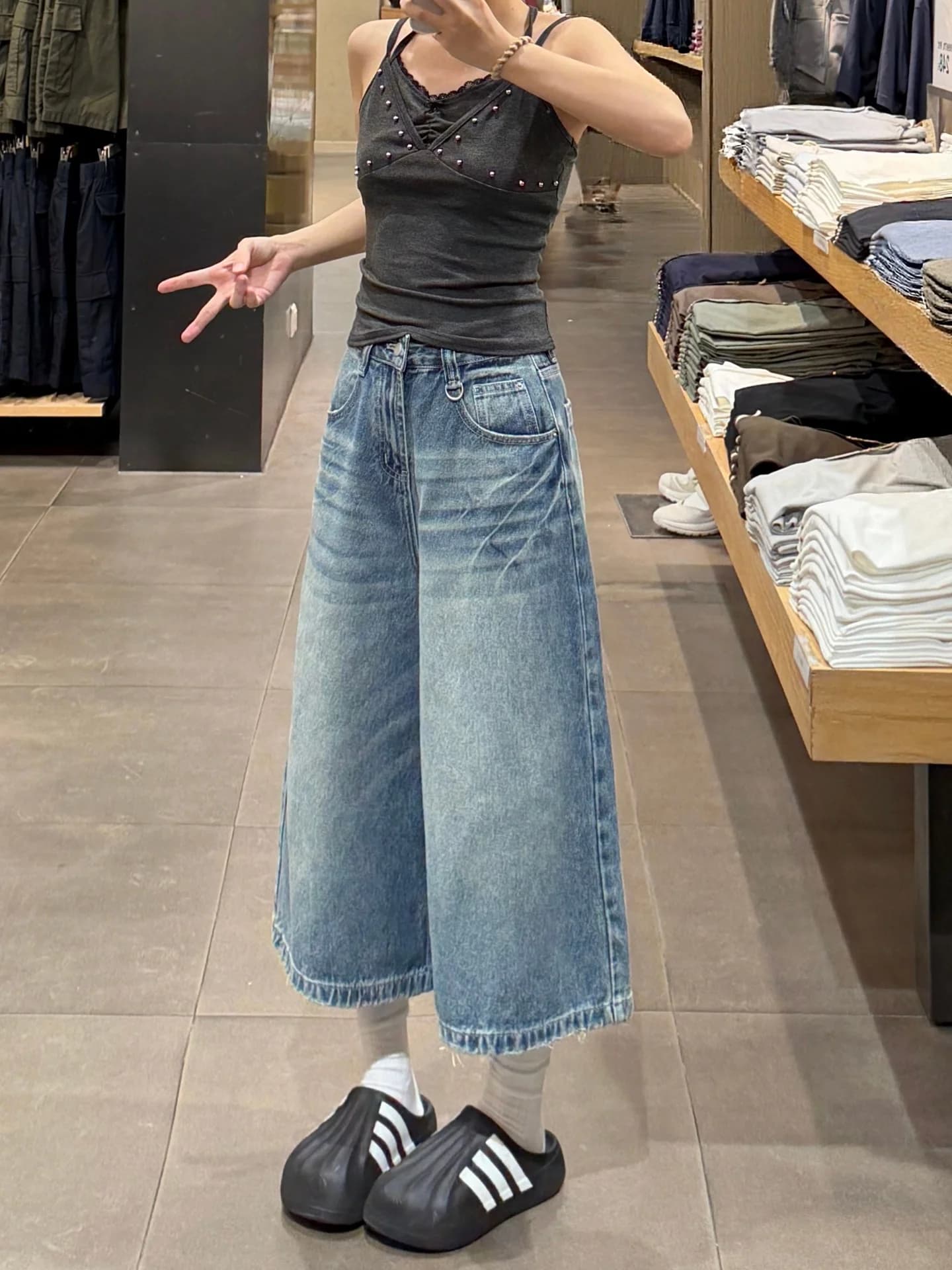 American Retro Straight Leg Denim Jeans Women's Summer Shorts Loose Washed Crack Slimming Mid-Pants High Waist Wide Leg Casua...