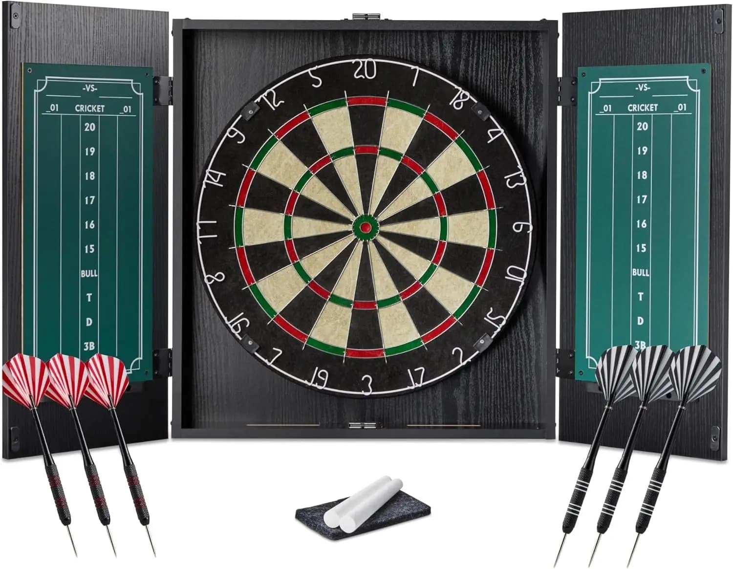 Set Bersaglio per Freccette da 18 Pollici con Freccette a Punta in Acciaio, Bersaglio in Sisal, Mobiletto, Gesso e Cancellino - Perfetto per Sale Giochi