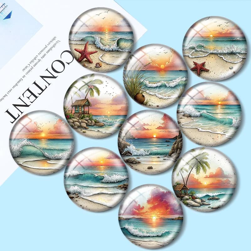 Cabochon in vetro con motivo Acquerello Spiaggia Tramonto 12/18/20/25mm per la creazione di bracciali, ciondoli, anelli, orecchini e componenti per gioielli