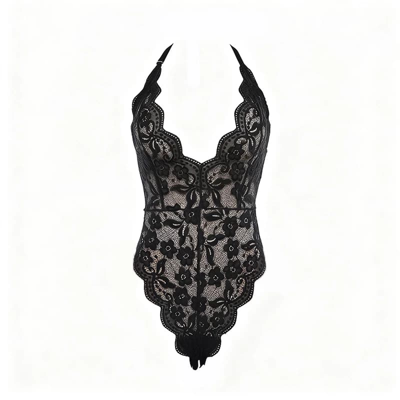 Completo Intimo Sexy da Donna in Pizzo e Rete, Body Floreale Trasparente, Lingerie Trasparente, Set Reggiseno Monopezzo
