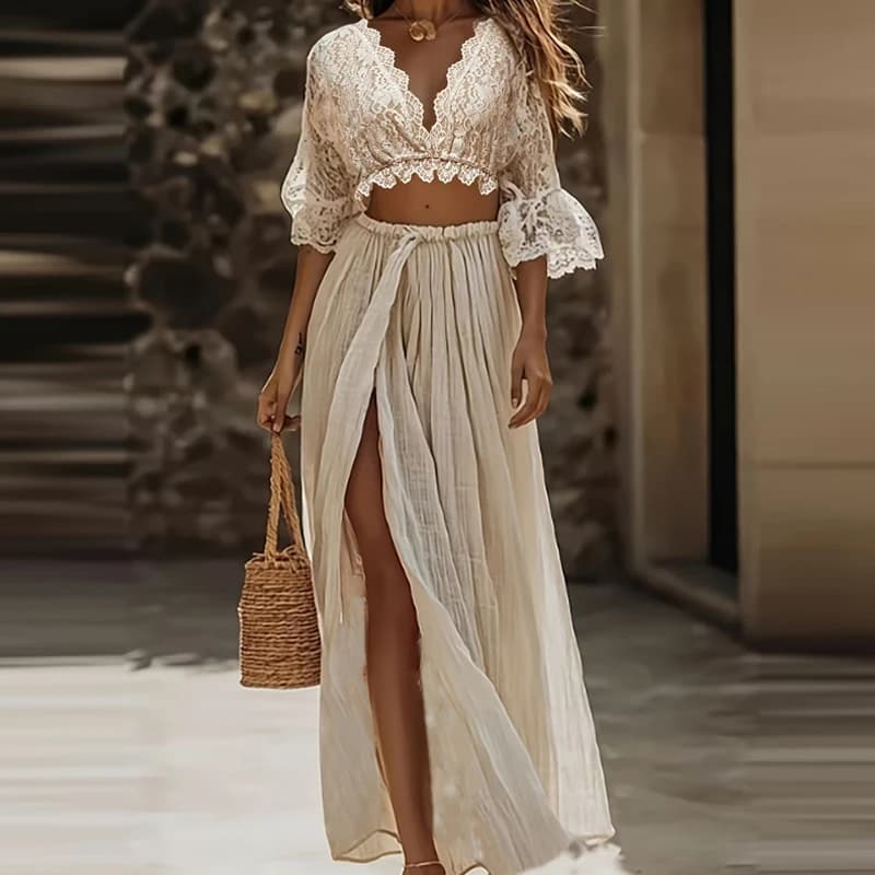 Completo da donna elegante con top sexy scollo a V e maniche a campana, gonna lunga in pizzo ricamato traforato, set 2 pezzi alla moda con spacco tinta unita