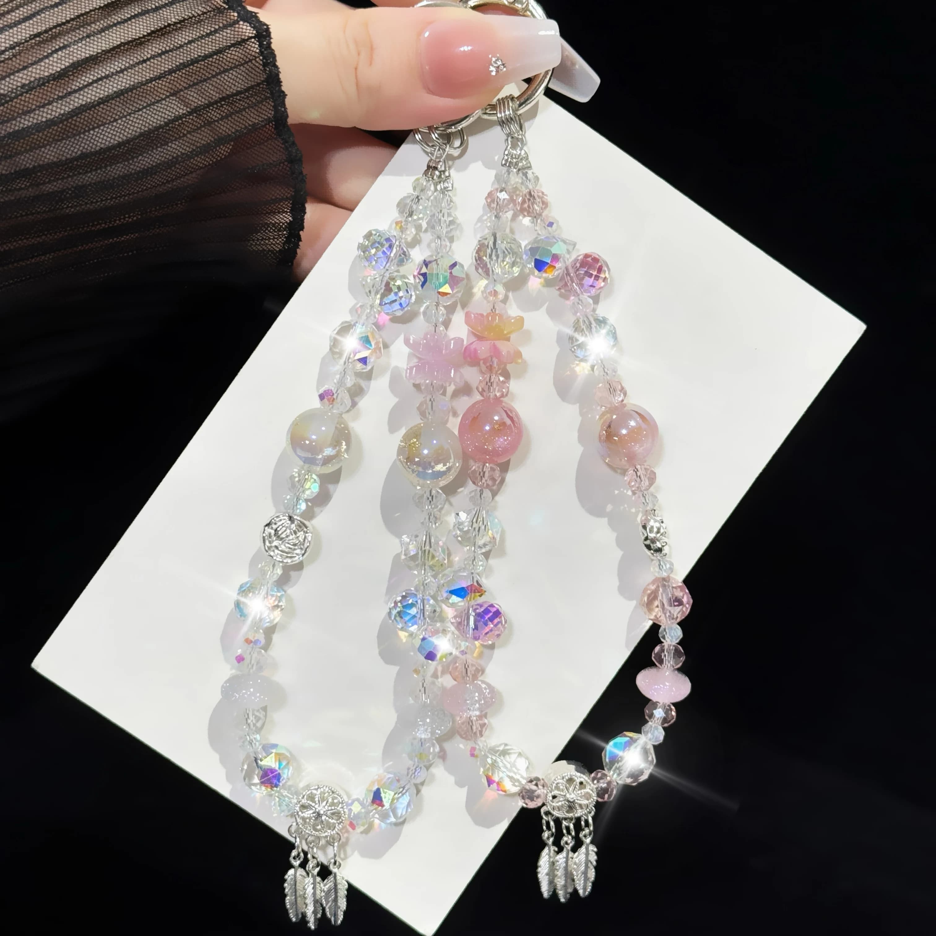 Multi Layer Phone Chain Hand Beaded Bag Pendant Fashion Light Luxury Keychain with Dreamcatcher Shiny Crystal Beads