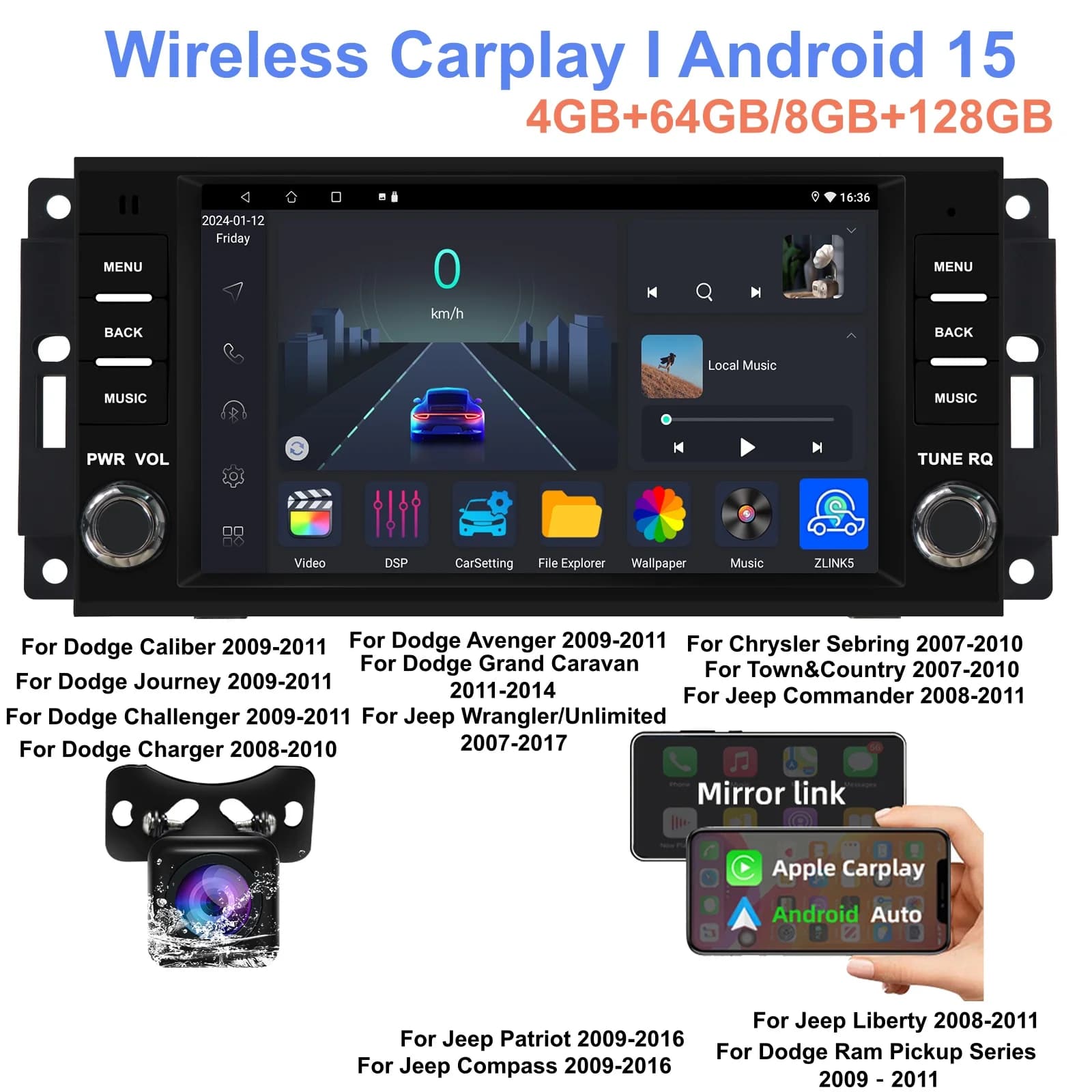 Autoradio, Stereo with 7 Inch Screen, Bluetooth for Dodge, Jeep, Chrysler, Android 15, Carplay, Multimedia Monitor