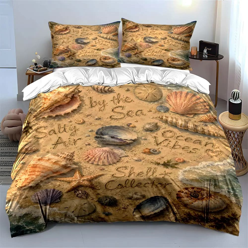 Seashells and Handwritten Words Printed Duvet Cover Set 1 Duvet Cover+2 Pillowcase Multi Size Bedroom Bedding Decoration