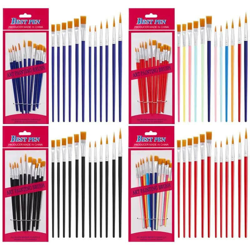 [YU]12 Pcs Painting Brushes Set Art Round Flat Hair Nylon Hair Paint Brush Pen For Oil Acrylic Watercolor School Art Supplies