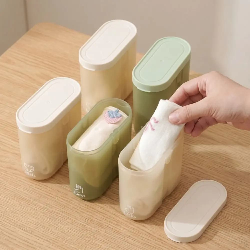 Set di 4 Scatole Sigillate in Plastica per Conservazione Biancheria Intima, Salvaspazio, Portatili, Mini Contenitori per Calzini