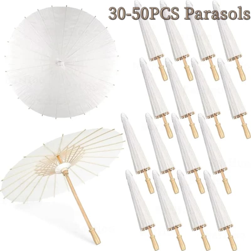 30/40/50 Ombrelli Parasole per Matrimoni e Foto, Ombrello di Carta Bianco Fai-da-te da 80cm/60cm, Decorazione Estiva per Feste e Spiaggia