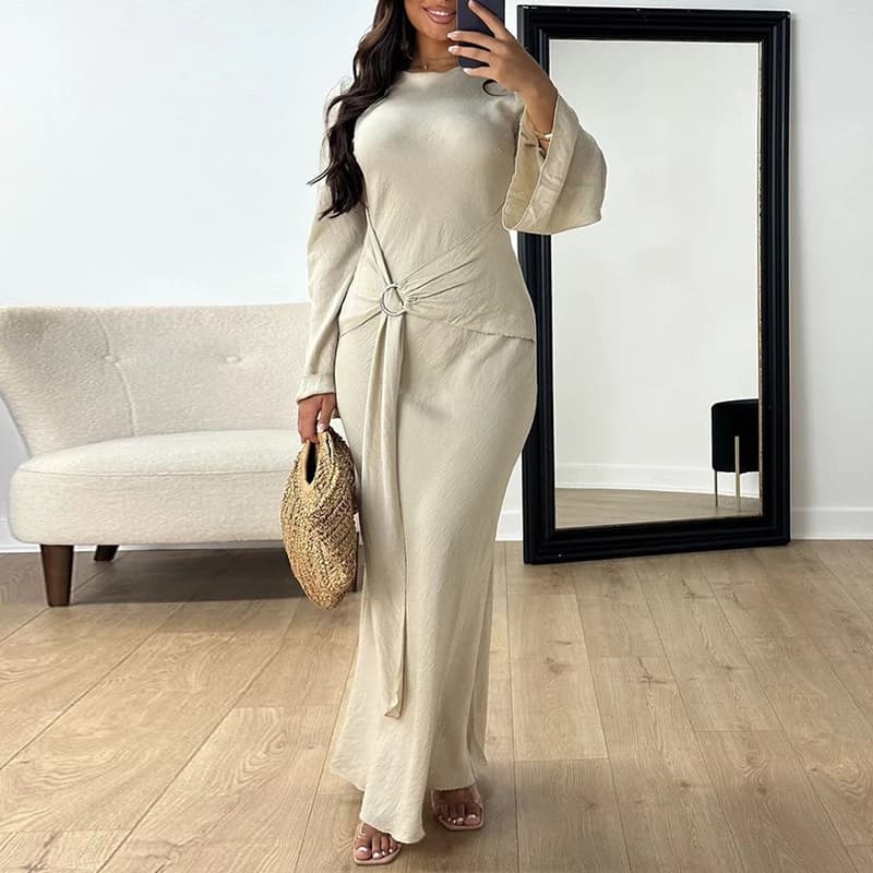 Nuove donne O collo con lacci abito sottile abito casual multicolore a maniche lunghe abito da festa elegante abito da pendolarismo a vita alta abiti
