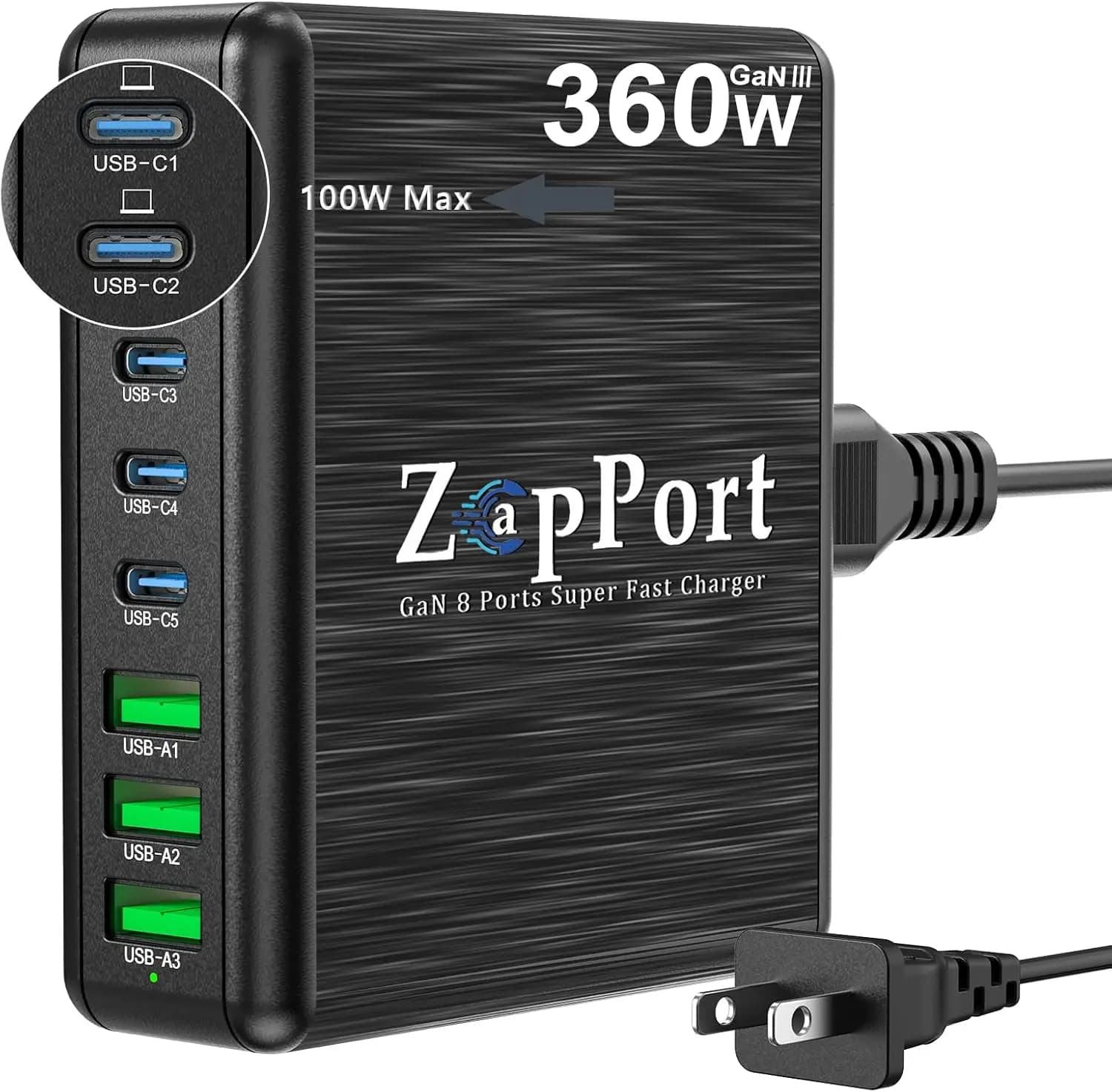 Stazione di Ricarica USB-C da 360W con 8 Porte, Caricatore GaN Rapido PD 100W per Laptop, Tablet e Telefoni