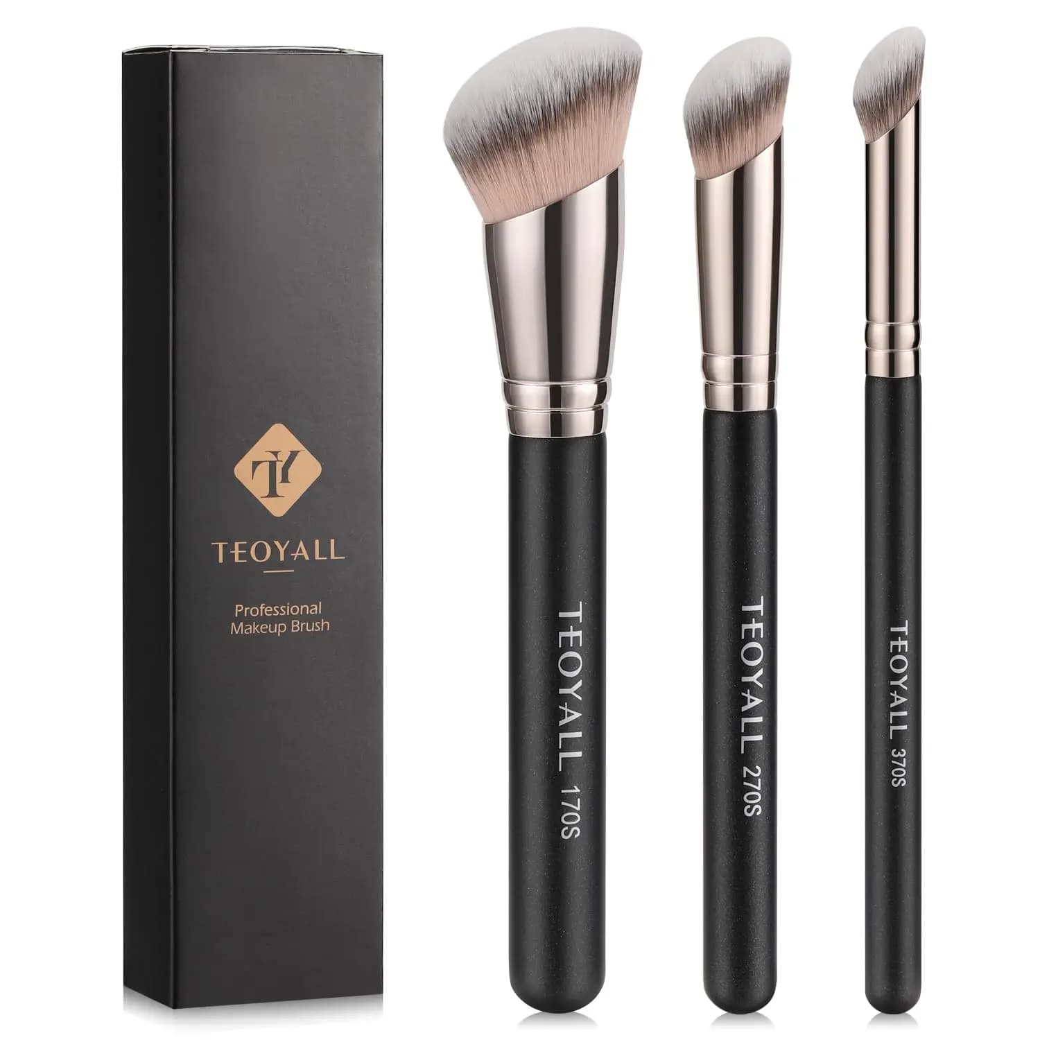 Set of 3 piece angled synthetic Kabuki brushes for impeccable blending of foundation with liquids, cream and dust