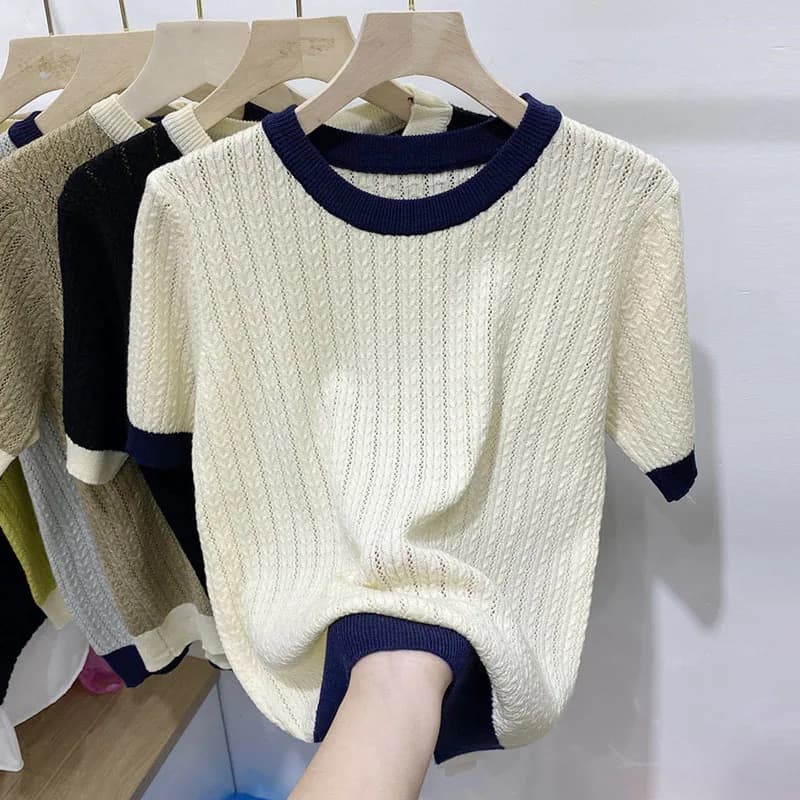 Knitted Sweater Women Pullovers Short Sleeve Patchwork Knit Sweater Pullover Women Tops New Summer O-Neck Sueters De Mujer Q5216