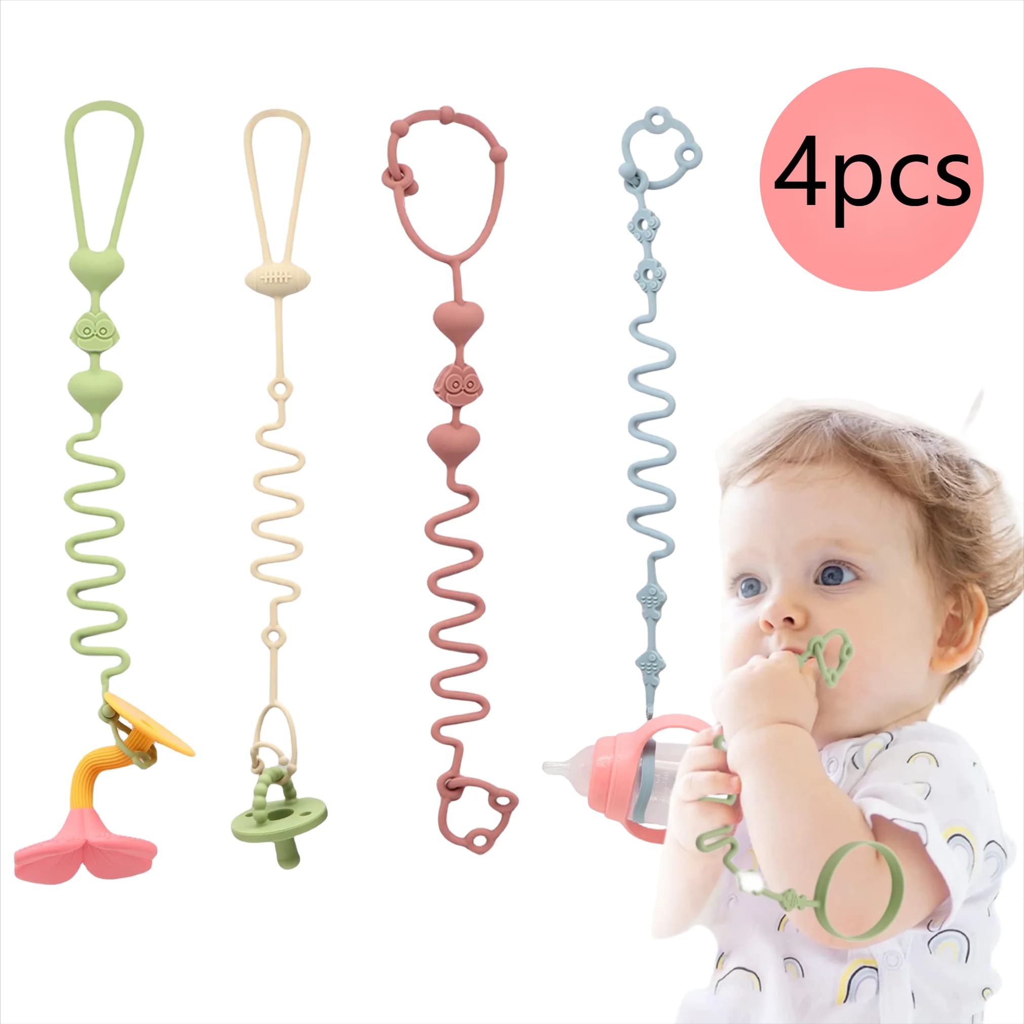 Confezione da 4 pezzi - Cinghie per giocattoli per bambini, catenelle per ciuccio, lacci per biberon in silicone, accessori per passeggino, adatti per seggioloni e culle