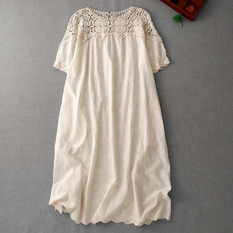 Gonna Lunga Giapponese Ricamata con Pizzo, Scavata e Monocolore, Stile Dolce e Delicato, Casual e Confortevole in Cotone