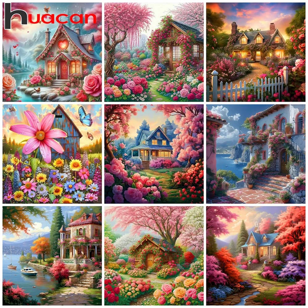 Huacan New Arrivals Diamond Painting Landscape House 5d Diy Drill Mosaic Flower Home Decorative Rhinestone Pictures Craft Kit