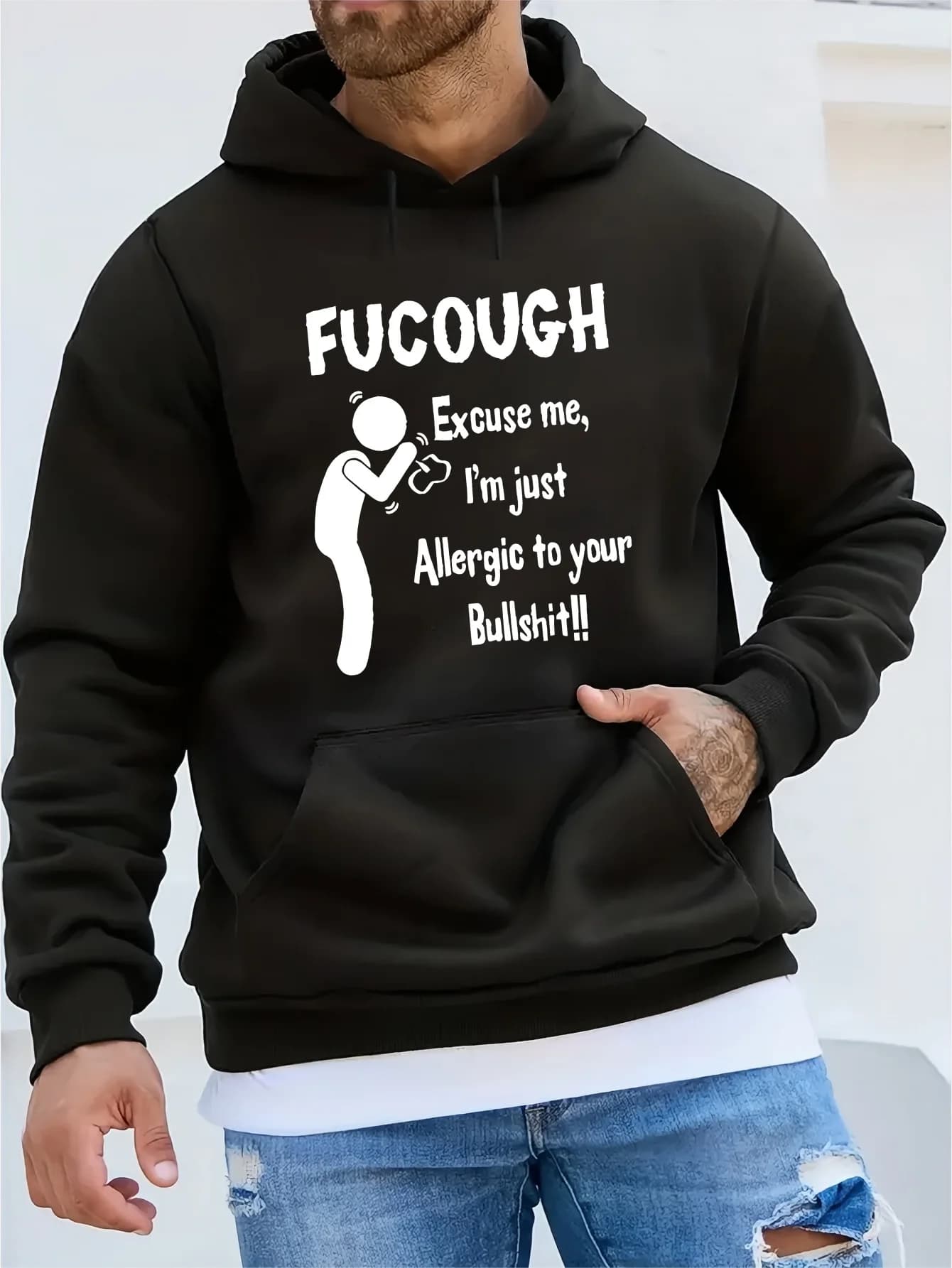Felpa con cappuccio in pile da uomo Fucough - Slogan divertente, tasca a marsupio, streetwear invernale