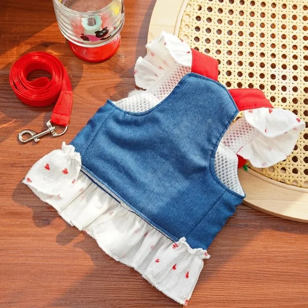 Grazioso Vestitino per Cani con Stampa a Cuori, Gonna Principessa in Denim Rosa con Fragole, Comodo con Guinzaglio, Abito per Animali Domestici Primavera Estate