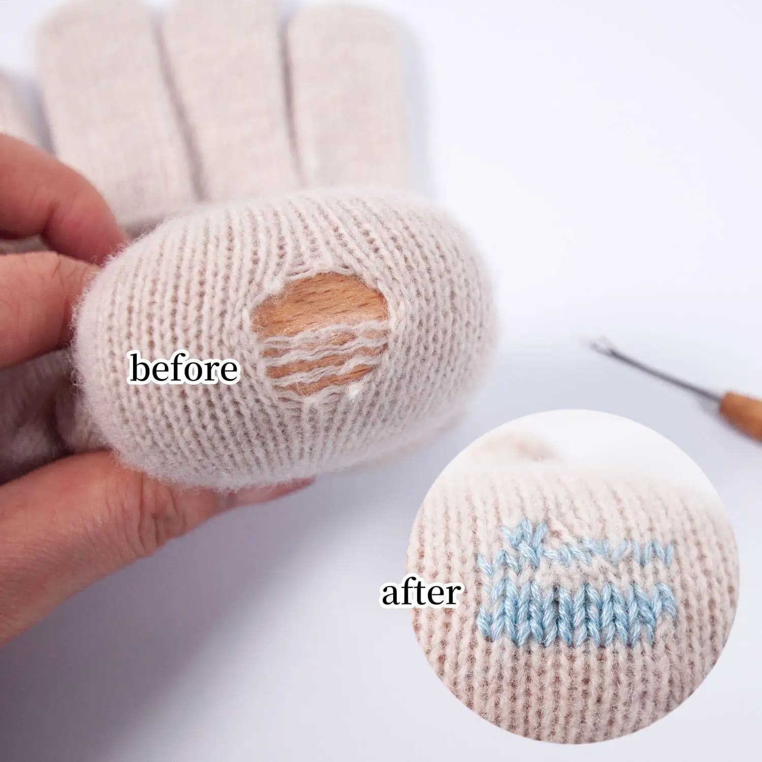 Kit per Riparazione Calze con Disco in Legno, 9 Aghi, Uovo per Maglieria con Infilatore e 10 Colori di Filo