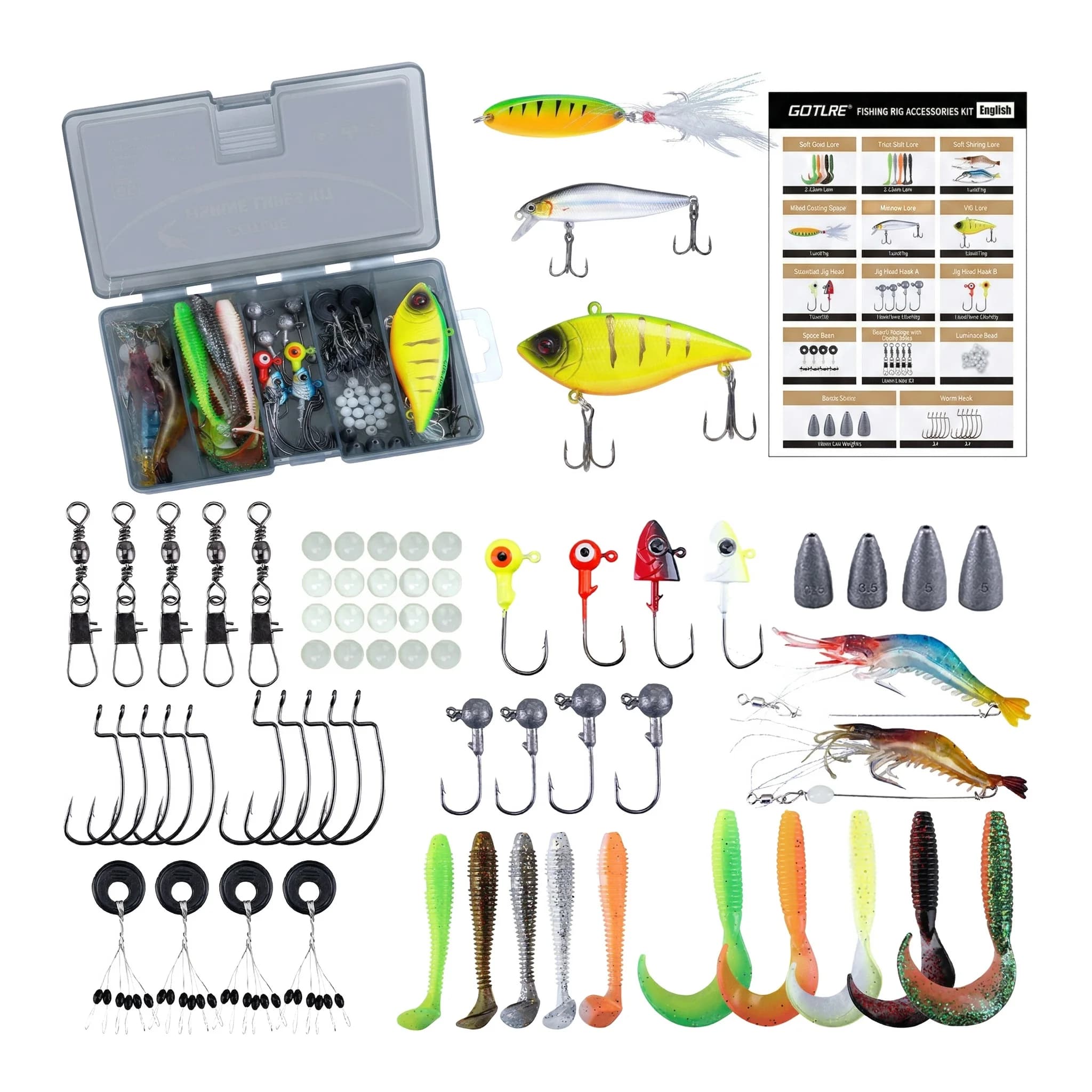 Set da Pesca Goture 66 Pezzi, Esche Dure e Morbide con Paillettes, Accessori per Minnow e Crank, Kit Completo con Scatola Porta Attrezzi
