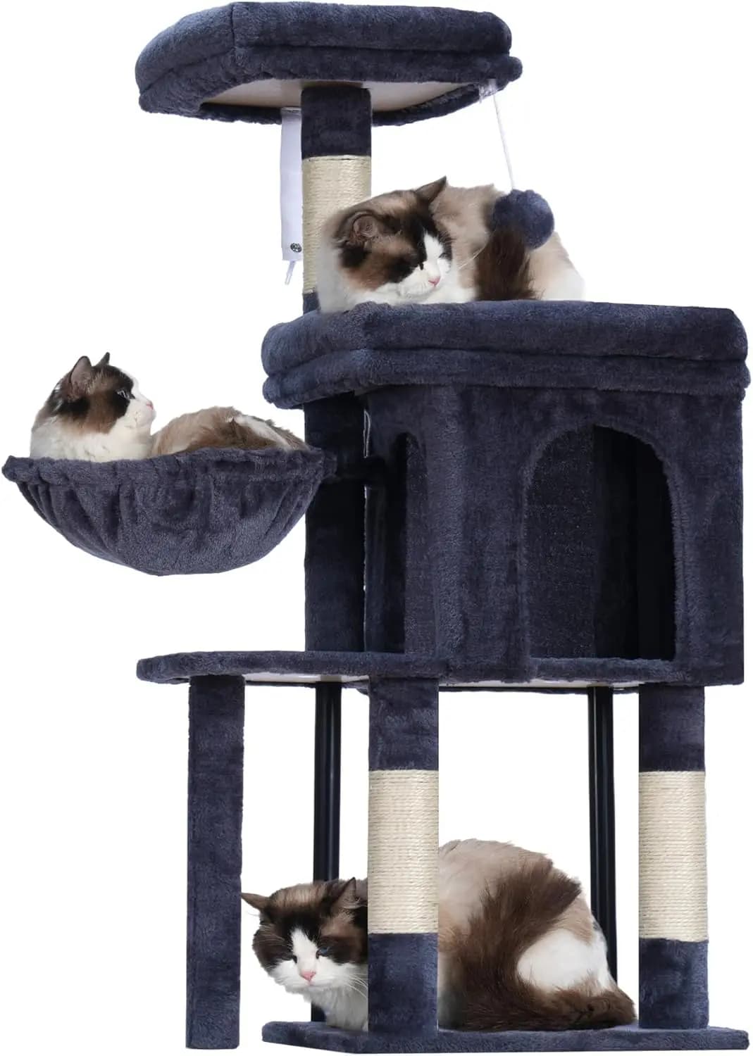 Torre per Gatti da 44,9 Pollici con Tiragraffi, Cuccia Accogliente, Letto Imbottito, Amaca e Soggiorno Morbido per Gattini da Interno in Grigio Fumo