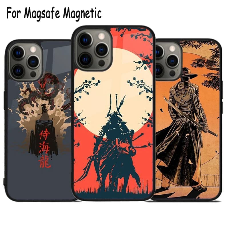 Custodia per telefono con ricarica wireless e design artistico Samurai Giapponese per iPhone 17 Air 15 16 16e 14 13 11 12 Pro Max Plus, Cover Magnetica Magsafe con Bumper
